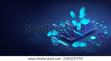 Coin drop into a mobile phone. Concept - deposit, online banking, smart wallet, save money, cashback. 3d isometric illustration with credit or debit cards, charts, coins and a shield with a lock