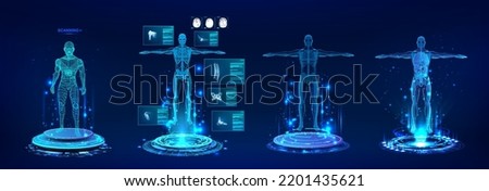 Healthcare 3D human body hologram with with full body scan, bones, organs, joints, brain in futuristic HUD style. Body x-ray scan with 3D models human in HUD style. Futuristic lab with UI. Vector xray