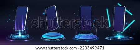 Futuristic holograms and podiums with 3D mobile phones. Mockups smartphone in lab with blank screen. 3D realistic mobile phones levitation in hologram. Futuristic portal and phones, Hi-tech. Vector