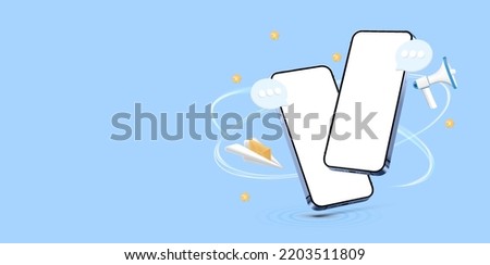 Blue illustration with two 3D mobile phone with blank screen, communication bubbles, mouthpiece, paper plane with envelope - concept of notification, letter, email, chat room, messenger app. 3D mockup