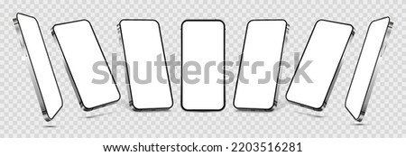 Different positions of mobile phones, left and right with a blank screen. 3D mockups of realistic frameless smartphones in different perspective angles. 3D cellphone template - vector collection