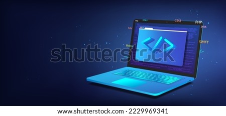 Banner Software development. 3D laptop with programming icon. Web coding and software testing  concept. 3D realistic laptop with browser windows and different programming languages. Vector web banner