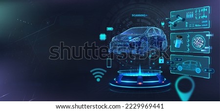 Futuristic auto service station with 3D smart car and HUD interface. Scan and Maintenance Automobile in 3D visualisation hologram. Hi-tech Car Service. 3D Polygonal Smart automobile. Vector car banner