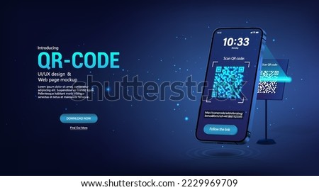 Scanning the QR code through a smartphone at the stand. Verification QR code. Concept following a link. 3D smartphone scans the barcode from the stand, receives a link. Vector banner barcode concept