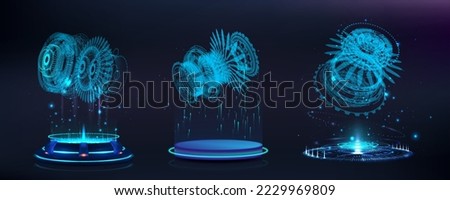 Schemes of mechanisms on futuristic catwalks holograms, 3D blueprint hologram in podiums. Vector collection stages with gears.
Cyberpunk portals with light, glow and neon effect. Sci-fi HUD. Vector