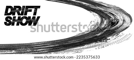 Monochrome drift background with texture wheel marks and drift in skidding, rounded tire marks. Black and white car tire texture in skid, drift. Auto sport background monochrome. Vector banner