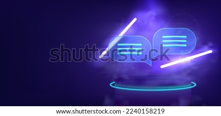 Two dialogue bubbles in futuristic glassmorphism style with smoke, light, glow and neon. 3D symbols. Concept communication, dialogue, discussion, messenger, chat. 3D speech bubbles, vector banner