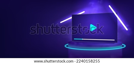 TV with a video player on the screen, stands on a futuristic platform with neon rays, smoke, light and glow. 3D TV template in perspective for media website, channels, stream, online broadcast. Vector