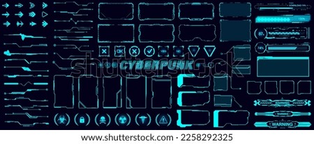 Futuristic collection HUD, UI, UX interface elements. HUD interface elements - frame screen, lines UI, button, loading bars, footnotes for text, call outs for UI, GUI. Vector collection, Sci-fi box