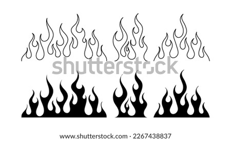 Classic silhouette flame. Black fire set isolated on white background. Old school tattoo neo-tribal style or silhouette flame for cars. Minimalistic stylish fire outline and filled contour. Vector set