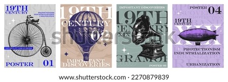 Vintage set of posters of important discoveries of the 19th century. Old posters template. Important discoveries of the past - gramophone, airship, air balloon, bicycle. Historic cards, vintage style