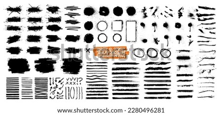 Dried ink strokes, splatter marks, paint streaks, various brushes. Grunge set - frames, circle, paint brush stroke, dirty design elements in graphic box. Square, rectangle, text info template, Vector