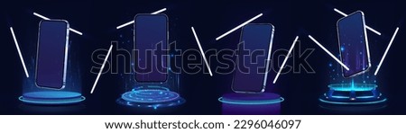 High tech presentation - 3D smartphones at different angles on futuristic podiums, holograms, portals, stages with neon lamps. Realistic 3D mobile phone mockup for show UI, UX, APP. Vector 3D phones