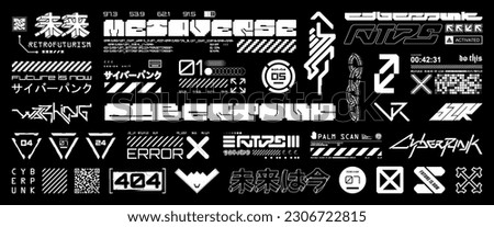 Futuristic typeface. Sci-fi art lettering, graphic design elements for merch, typography, t-shirt, streetwear. Cyberpunk lettering, signs. Translation from Japanese - cyberpunk, future is now, future