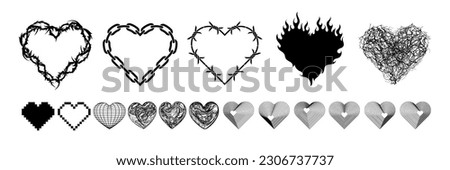 Y2k set of hearts - burning, from a chain, from a barbed wire, from cracks, from thorny bushes, wireframe, pixel and others. Hearts in different styles, old tattoo style, y2k, acid. Isolated set