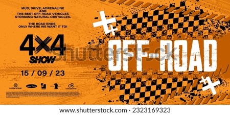 Off-road orange banner with grunge wheel tread marks and flag in grunge style. Off-road, rally, racing grunge banner with tire print and racing flag. Automotive 4x4 Banner, poster, event. Vector