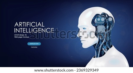 Android robot 3D with AI on a blue background. Artificial intelligence and neural networks concept. 3D humanoid robot with artificial intelligence. White humanoid with artificial intelligence. Vector