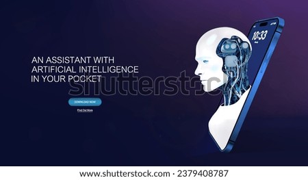 Application with built-in artificial intelligence. 3D banner with a mobile phone and an modern robot. Assistant, chat bot with AI. Neural network, artificial intelligence tools. 3D Vector AI banner