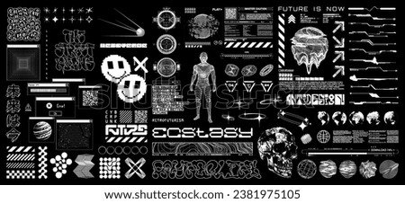 Y2K, Sci-fi, Retrofuturistic and digital art graphic box. Futuristic lettering in cyberpunk style, HUD, Y2K elements for streetwear, t-shirt, typography. Translation from Japanese - the future is now