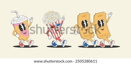 Funny cartoon characters on a cinema theme in groovy style. A pair of tickets goes together, bucket of popcorn in 3D glasses, a soda in a to-go glass. Cute groovy cinema characters, Cartoon mascot.