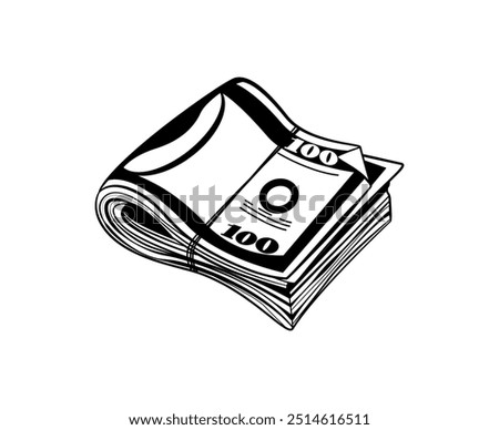 A stack of money, laid on the floor, with an elastic band, criminal bang roll money. Flash tattoo, brutalism style, street culture and crime. A stack of money, style of monochrome. Vector illustration