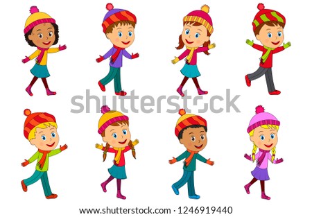 kids, boys and girls winter collection on th white background, illustration, vector