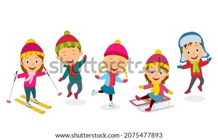kids play in winter on thq white background, illustration,vector