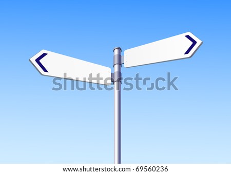 Blank white road signs in bright sky