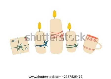 Set  Christmas decor. Cozy winter illustration for stickers, candles, cup, letter.  For the logo, cards, posters, wrapping, scrapbooking, patterns. Present stickers set in flat style.