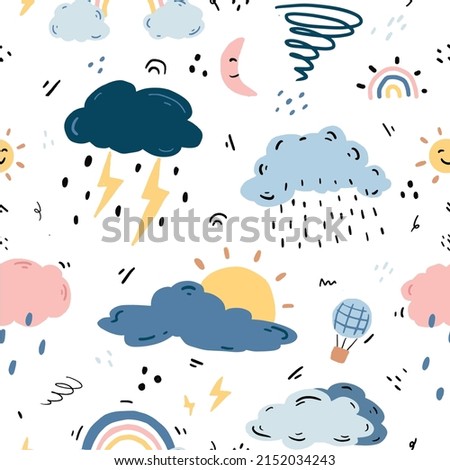 cute seamless hand drawn weather pattern with cloud, rainy, storm, rainbow and sun on white background 