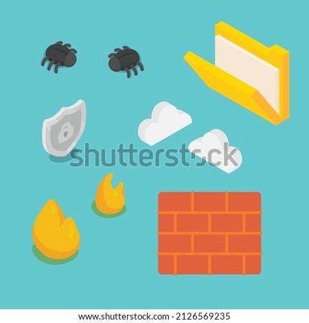 element of sandbox firewall technology and bug isometric 3D vector illustration