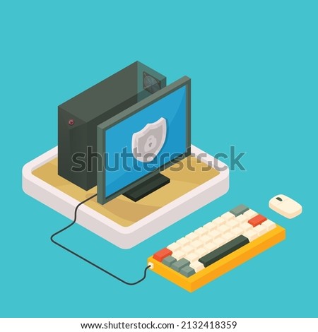 PC computer and keyboard in sandbox technology isometric 3D vector illustration