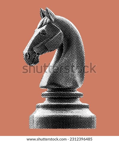 chess knight horse piece isolated halftone dots texture bitmap retro vintage pop art style collage element for mixed media modern crazy design
