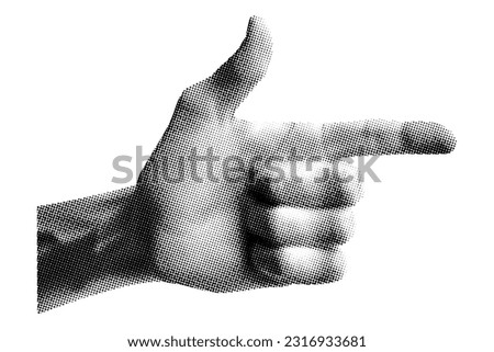 pointing gesture of the index finger hand with thumb right sign isolated halftone black white dots texture pop art style collage element for mixed media concept design in white background