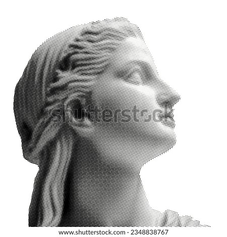 ancient sculpture profile of girl isolated on white background halftone vintage dots texture cut-out retro magazine style collage element for mixed media trendy modern design