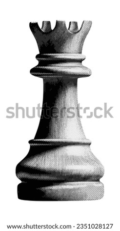 chess rook isolated on white background retro black white halftone texture cut-out collage element for mixed media vintage magazine style trendy design	