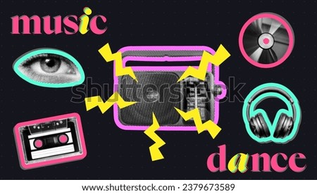 music design set with radio receiver retro audio cassette compact disc headphones eye on dark dotted background halftone crazy grunge vintage cutout collage elements for mixed media design