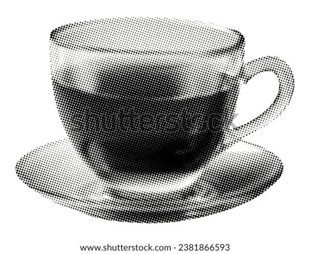 black tea glass cup isolated on white background retro grunge halftone dotted texture vintage magazine style collage element for mixed media design english breakfast pop art