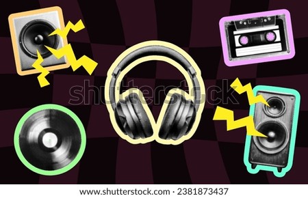 music collage set with speakers headphones audio cassette and vinyl record in y2k bright colors on dark checkered background halftone effect dotted texture magazine grunge punk