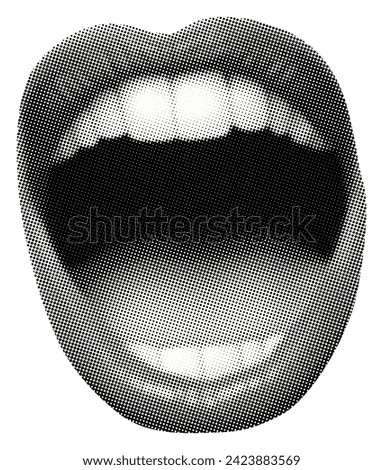 singing open mouth with lips teeth isolated on white background retro halftone grunge collage cut-out element for mixed media vintage dotted texture pop art style music vocal object