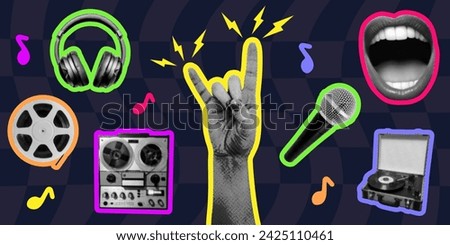 music set with halftone dotted texture collage elements audio reel-to-reel tape recorder headphone sign of the horns hand microphone singing mouth vinyl player on dark checkered background concept