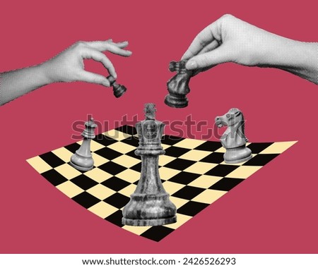 playing chess concept template design with hand holds horse chess piece makes move pawn chessboard knight queen king on red crimson background retro grunge halftone dotted texture collage elements