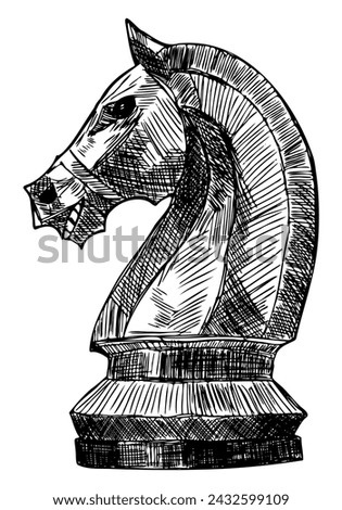 knight chess piece sketch isolated on white background detailed black and white hand drawing for card poster horse game chessman chess board object element design vector illustration