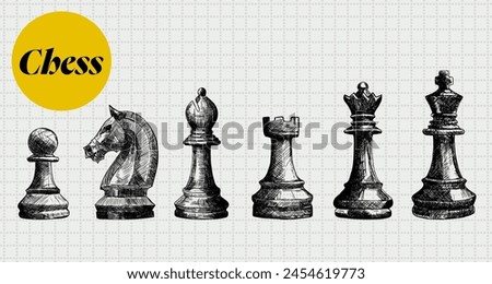 chess pieces set collection with hand drawn ink sketch vector line art illustration pawn queen rook knight bishop king modern trendy poster template design on cell background