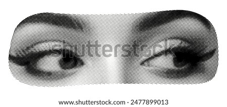 face part with makeup eyes looking to the side isolated on white background retro pop art halftone grunge dotted effect old newspaper print vintage cut-out collage element for mixed media design