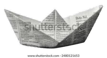 paper boat isolated on white background retro halftone effect grunge magazine newspaper dotted texture vintage cutout collage element for mixed media design y2k pop art style object