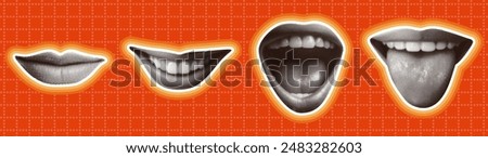 mouth collage set concept template design with tongue out open female lips teeth isolated trendy retro halftone dotted grunge texture cut-out vintage pop art style elements