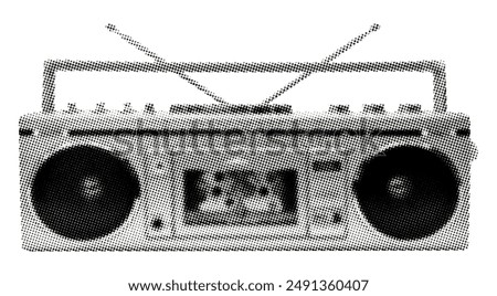 tape recorder boombox radio with antenna isolated on white background retro grunge halftone dotted vintage cut-out collage element for mixed media design sound street urban culture