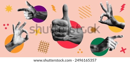 hands gesturing concept template design with hand showing ok thumb up pointing abstract vector memphis geometric shapes set retro halftone collage element for banner poster billboard covers