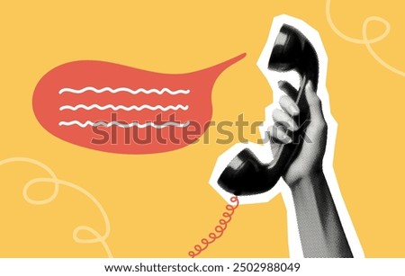 telephone call communication concept collage design with hand holding vintage phone receiver isolated retro dotted halftone element on yellow grunge punk crazy background pop art style